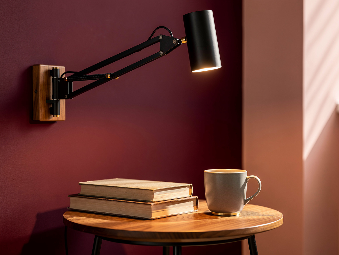 realistic editorial detail photo, close-up of an adjustable wall-mounted reading