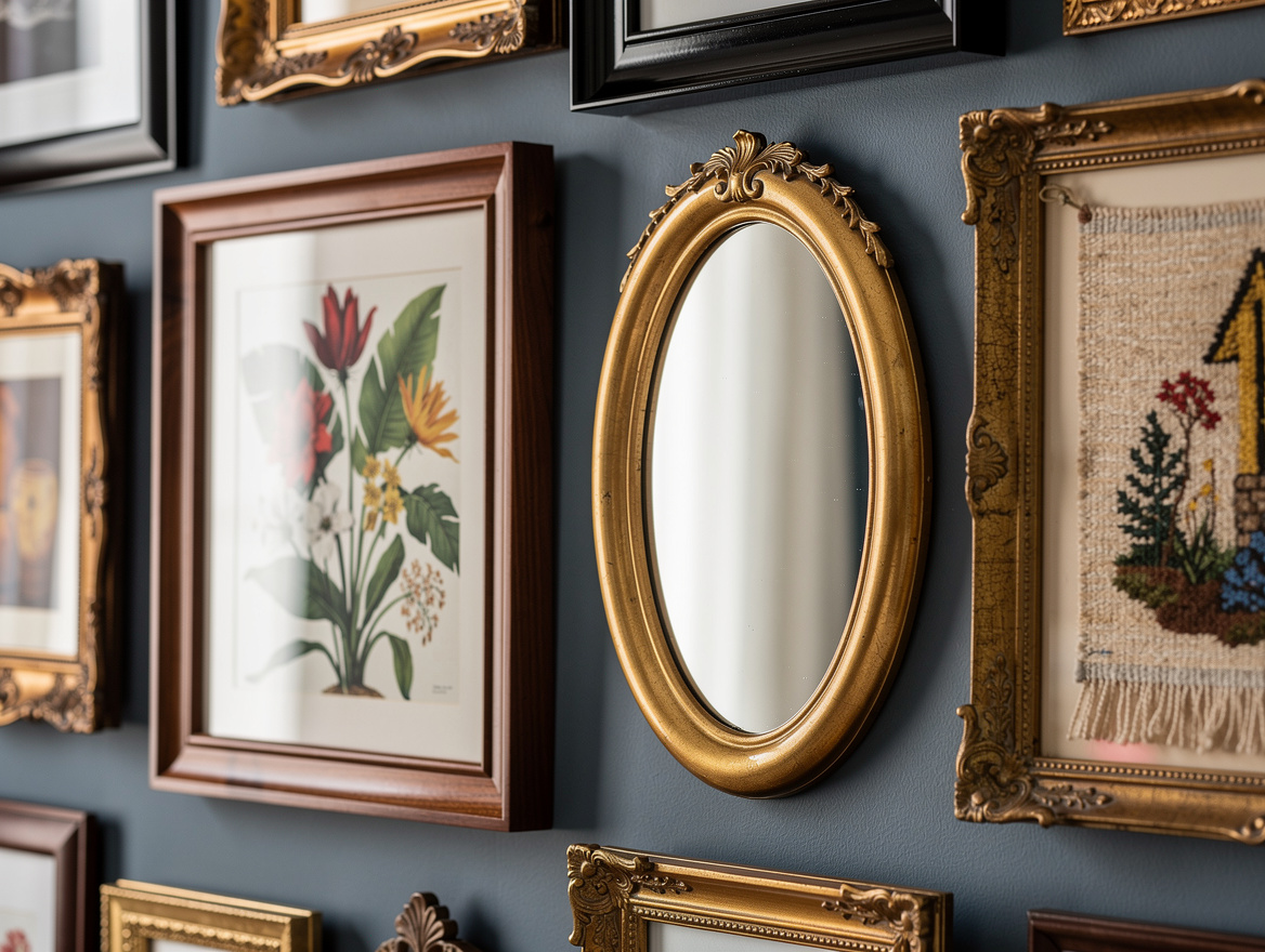 Close detail photo of mixed walnut, black lacquer, and antique gold picture fram