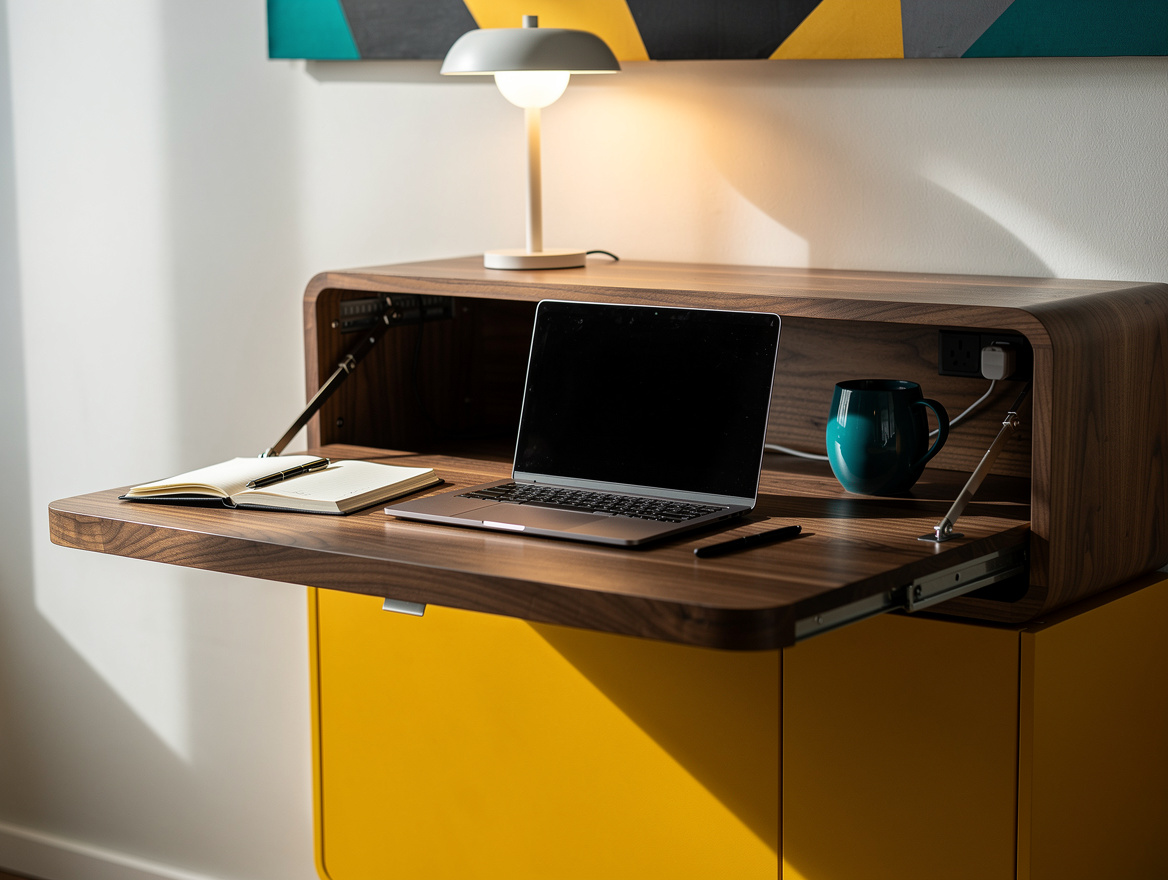 Close detail photo of a walnut plywood cabinet-style fold-down desk open with la