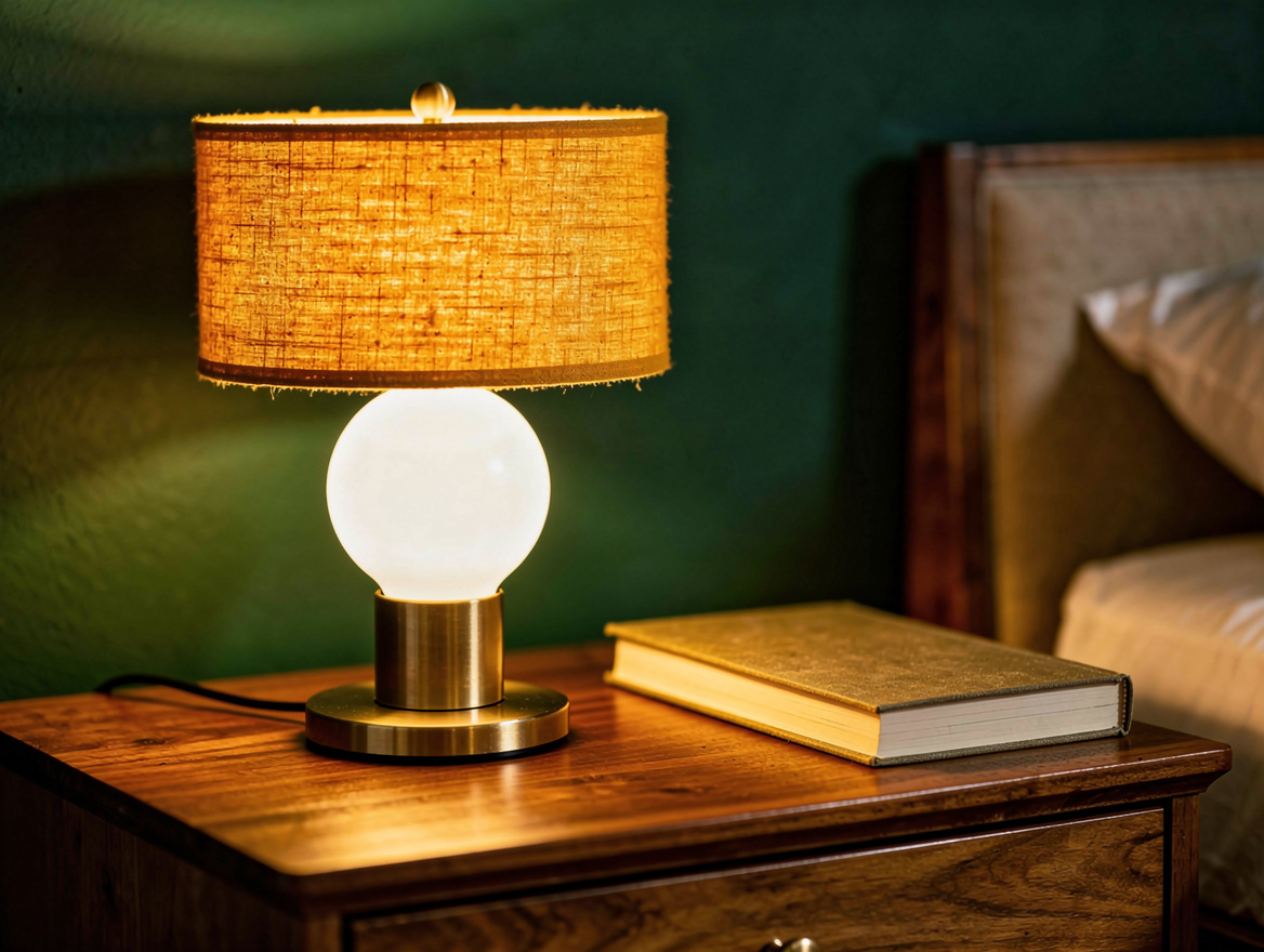 Close detail photo of a dimmable 2700K opal globe bulb glowing inside a linen be