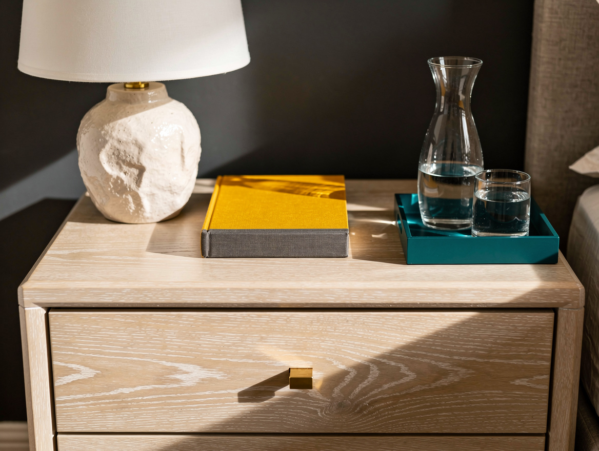 Close detail photo of a wide white oak nightstand with brass hardware, ceramic l