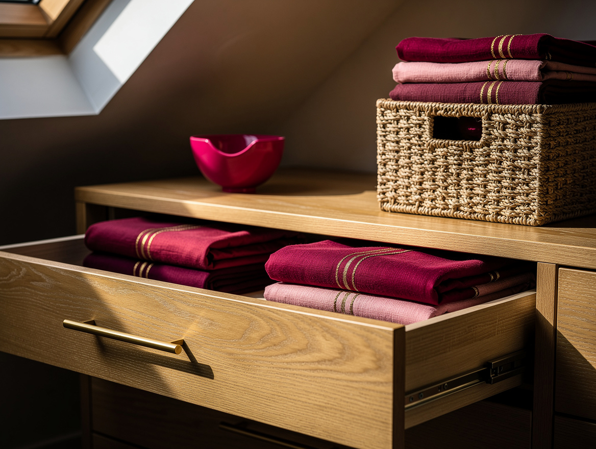 Close detail photo of low oak drawers fitted beneath an attic eave, folded linen