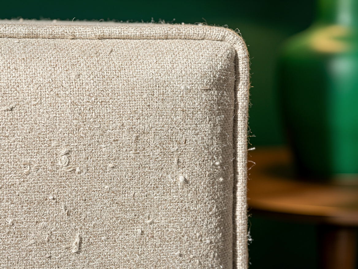 Close detail photo of ivory raw silk wallpaper weave beside a matte linen headbo