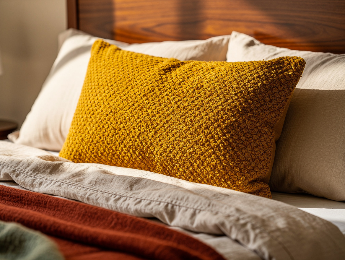 Close detail photo of a textured mustard bouclé lumbar pillow on ivory linen bed