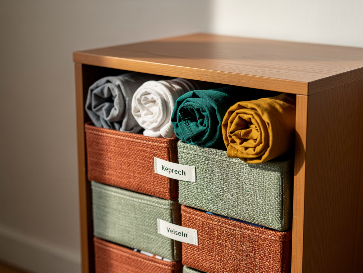 Close detail photo of labeled fabric bins holding rolled T-shirts and socks insi