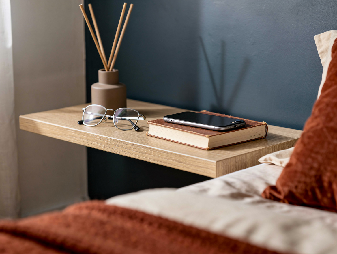 Close detail photo of a shallow oak-effect wall picture ledge beside a bed holdi