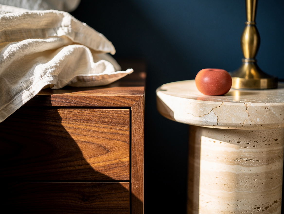 Close detail photo of a smoked walnut bedside drawer beside a round travertine p