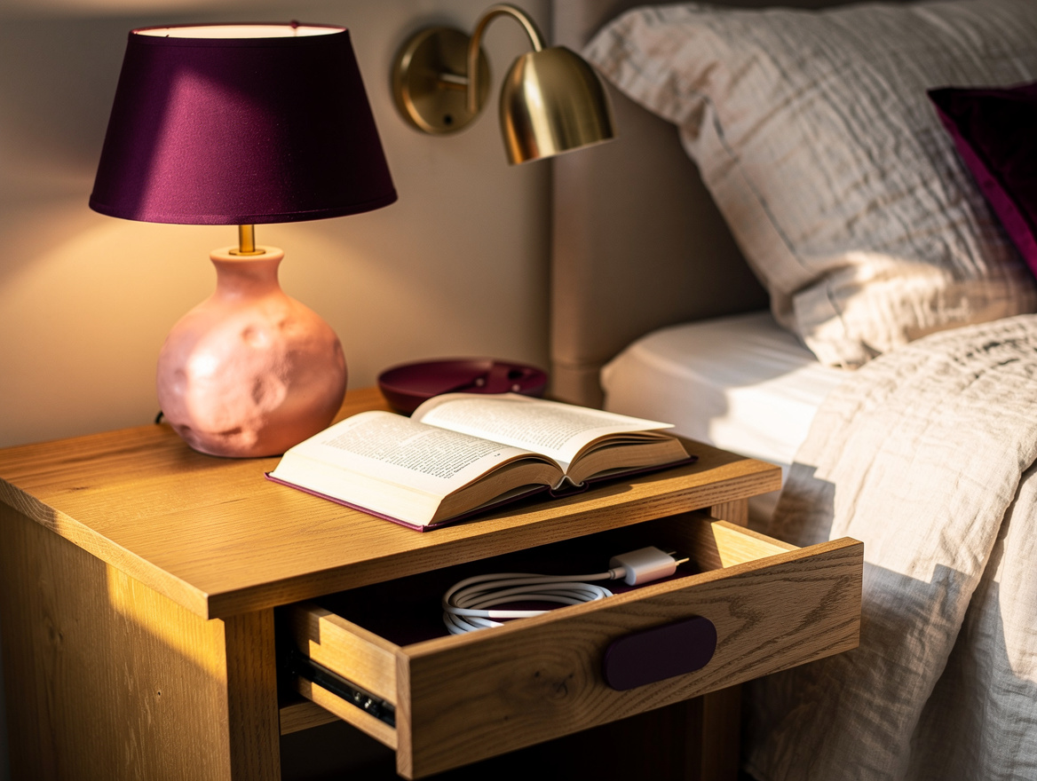 Close detail photo of a warm oak bedside table with book, ceramic lamp, charging