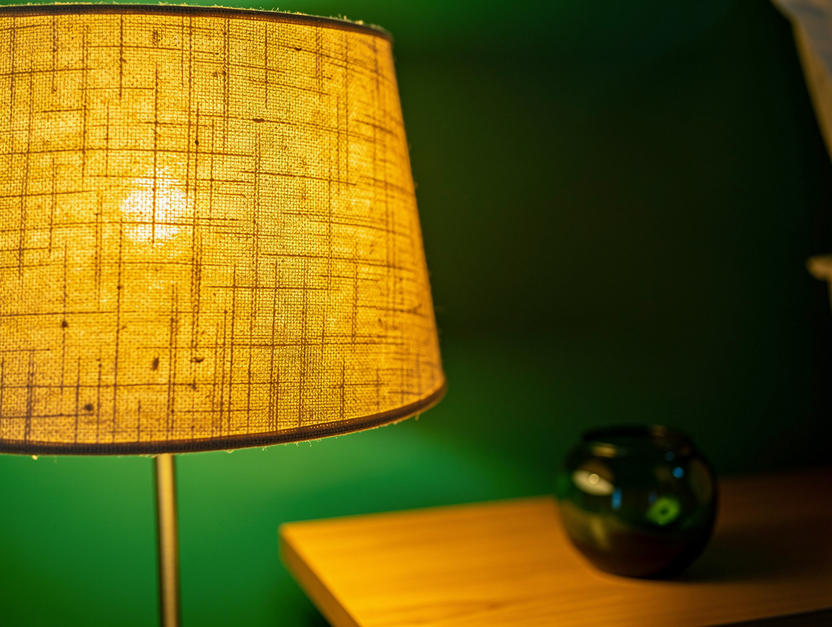 Close detail photo of a linen bedside lampshade casting soft light onto a bedroo