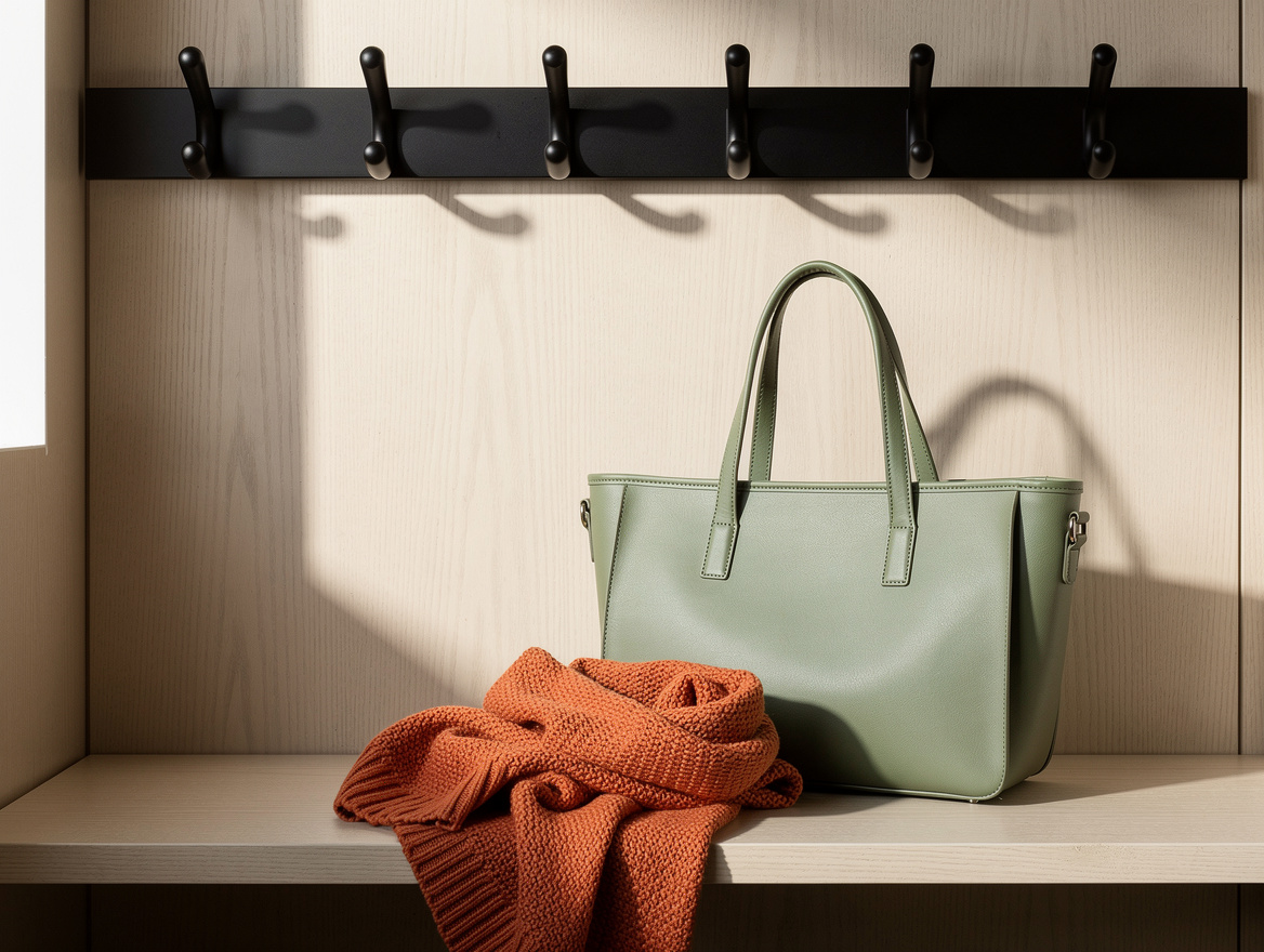 Editorial close-up of matte black coat hooks on a pale wood locker panel above a