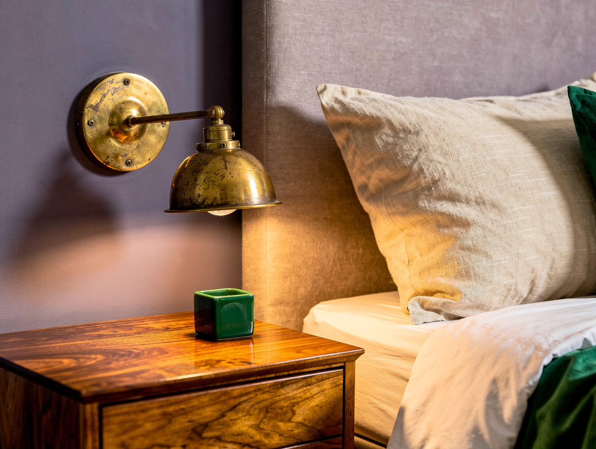 Close detail photograph of aged brass bedside sconce beside smoky lavender paint