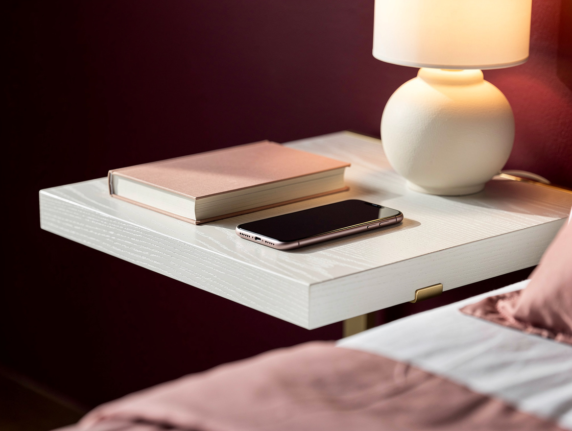 Close detail photo of a white oak floating bedside shelf with a ceramic lamp, pa