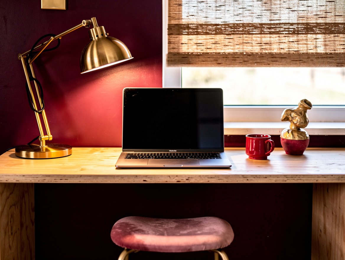 Close detail photo of a slim birch plywood window-sill desk with laptop, brass t