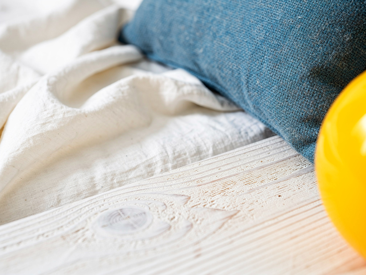 Close detail photo of visible whitewashed pine grain beside rumpled ivory linen