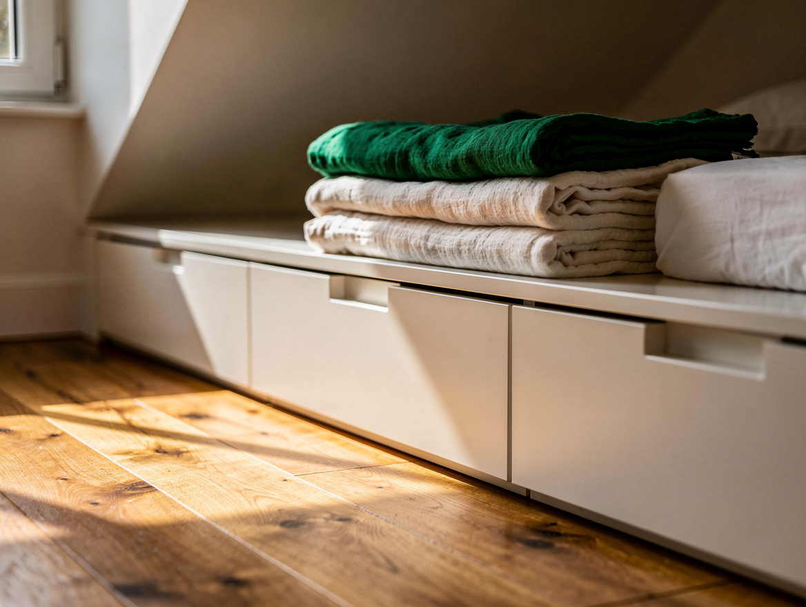 Close detail photo of low white drawers fitted beneath a sloped bedroom ceiling,