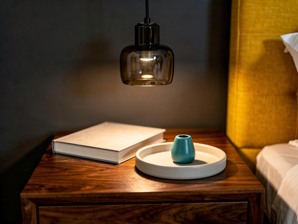 Close detail photo of a small smoked glass pendant above a walnut nightstand wit