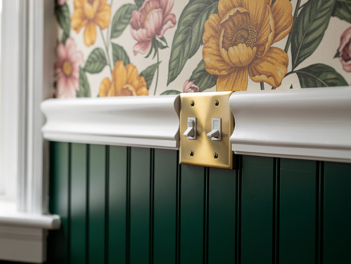 Close detail photo of floral wallpaper meeting deep green painted beadboard, bra
