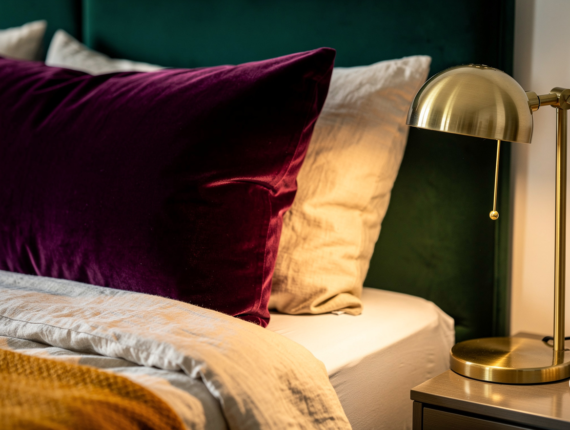 Close detail photograph of plum velvet pillow beside cream linen bedding and a b