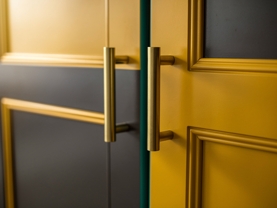 Close detail photo of brushed brass cabinet pulls on painted IKEA wardrobe doors