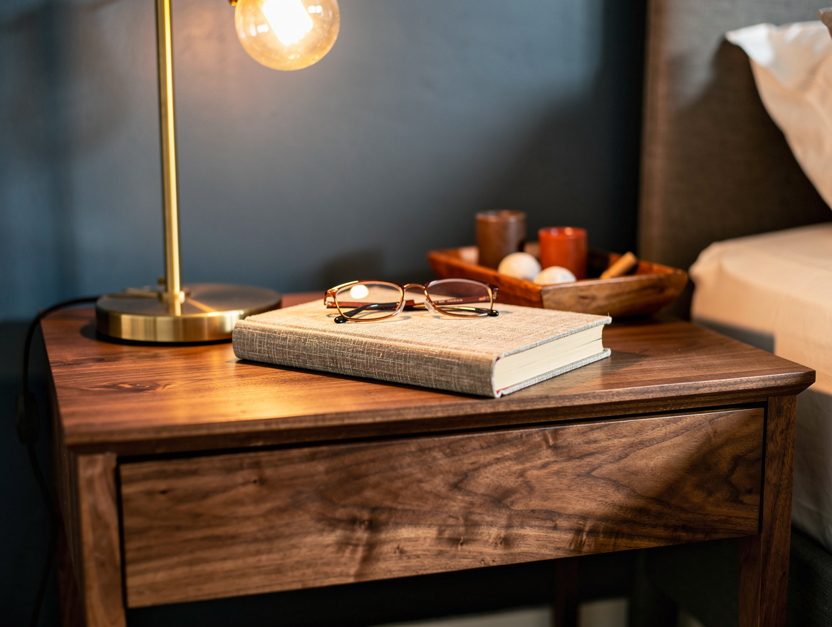 Close detail photo of a walnut bedside table with a brass lamp, hardcover book,