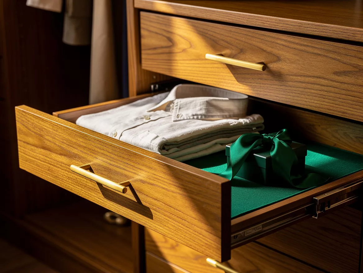 Close detail photo of a warm oak closet drawer counter with folded linen shirts,