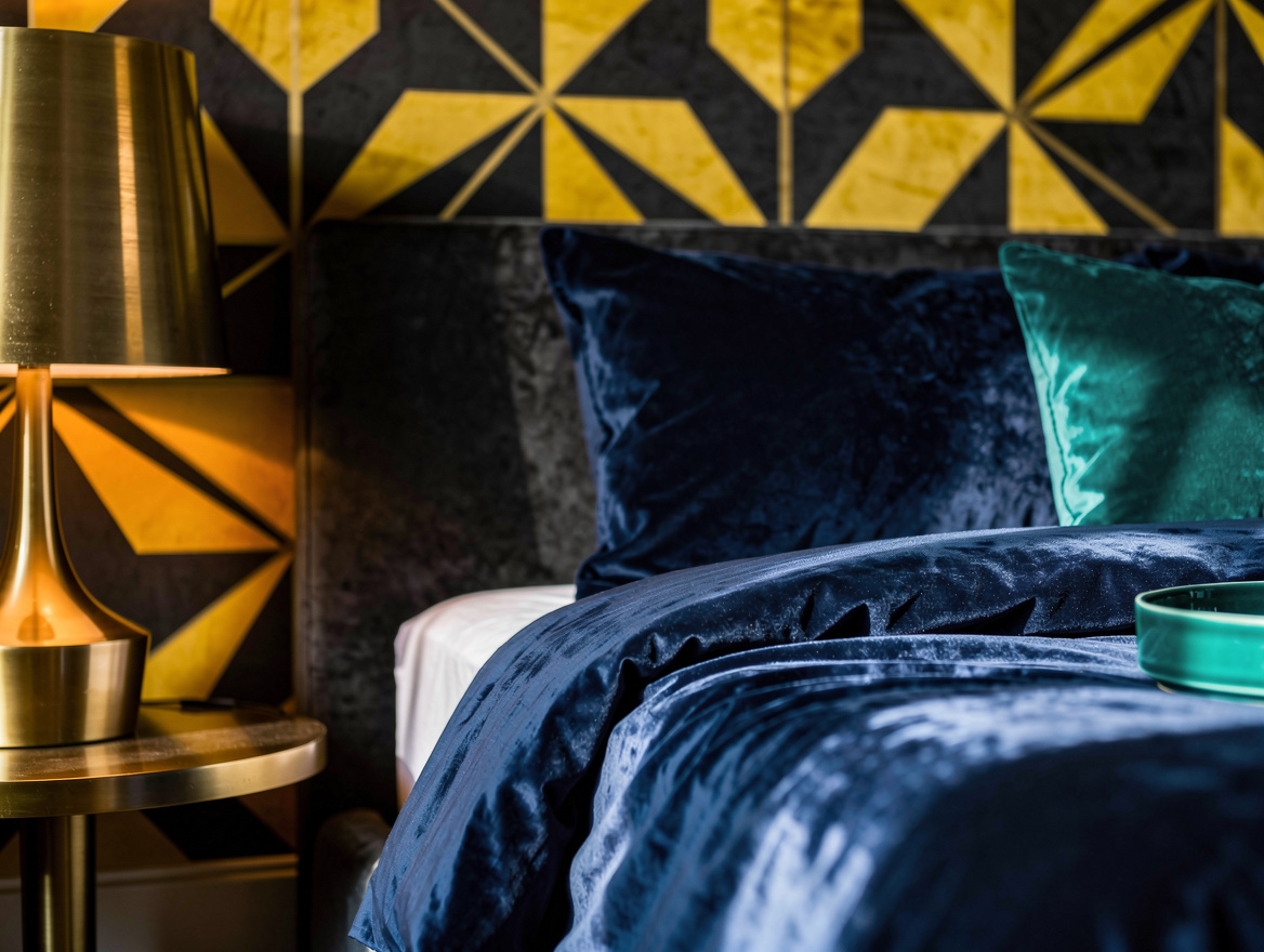 Close detail editorial photo of sapphire velvet bedding, brushed brass lamp base