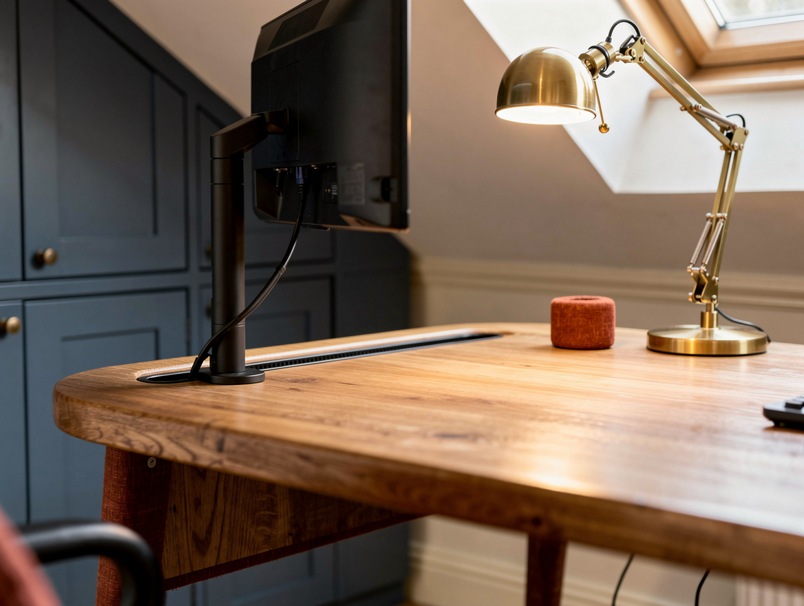 Close detail photo of an oak veneer attic desk surface with monitor arm, cable c