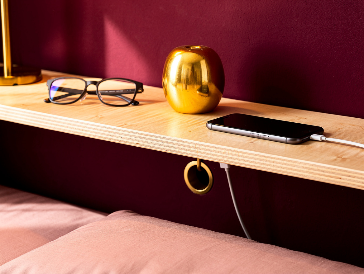 Close detail photo of a shallow birch plywood headboard ledge holding glasses, a