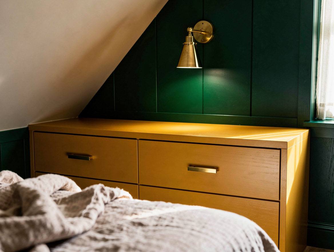 Close detail photo of a low attic knee-wall storage run with painted plywood dra
