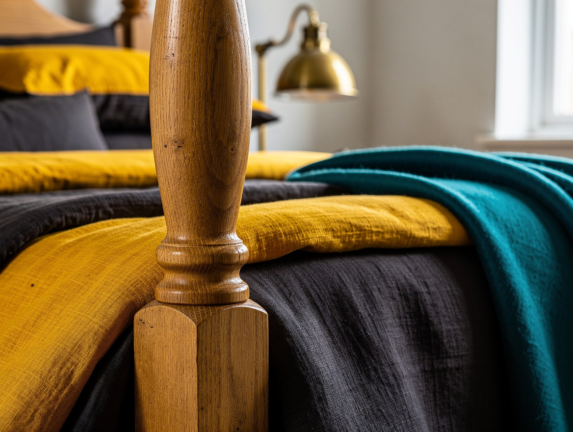 Close detail photograph of turned solid oak four-poster bedpost beside flax line