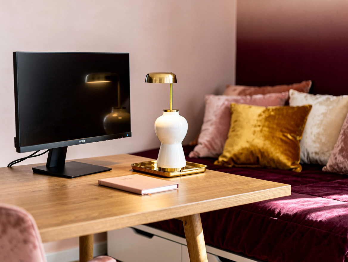Close detail photo of a tidy home office desk beside a daybed, matte oak desktop