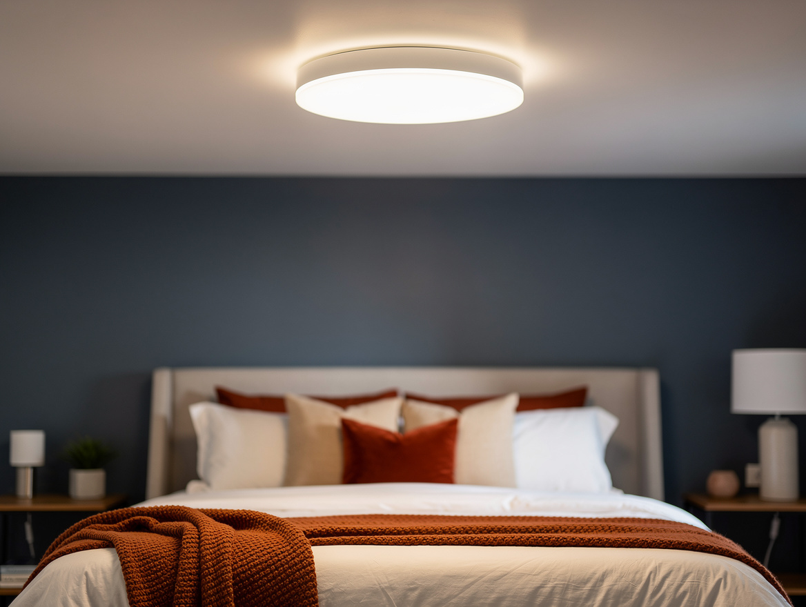 Close detail photo of a slim white acrylic LED flush mount on a white low bedroo
