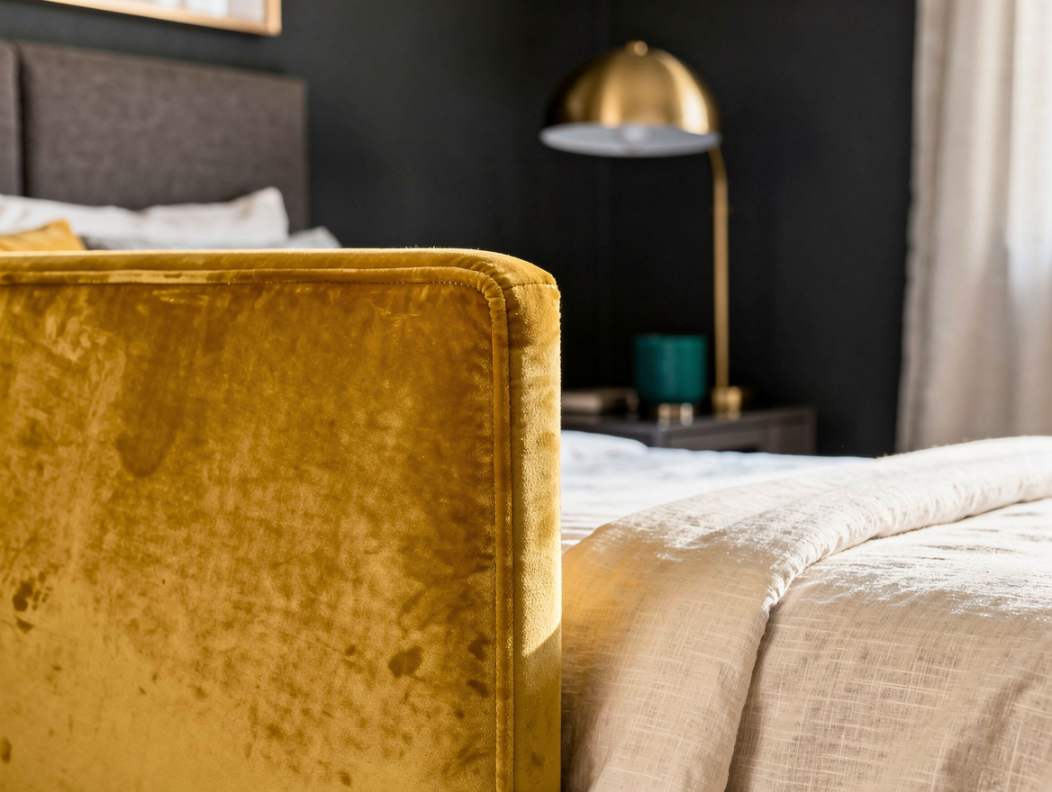 Editorial close-up photograph of matte taupe performance velvet upholstery besid