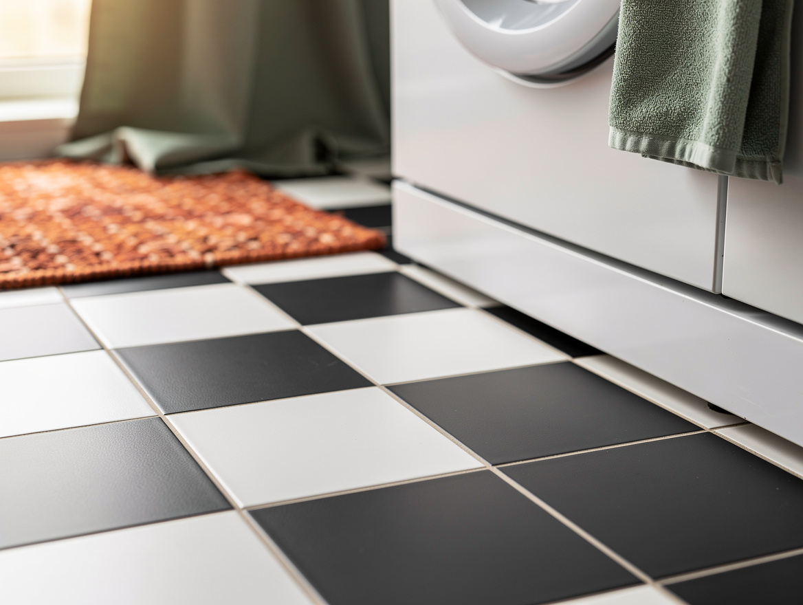 Close detail photo of matte white and charcoal porcelain checkerboard tiles with