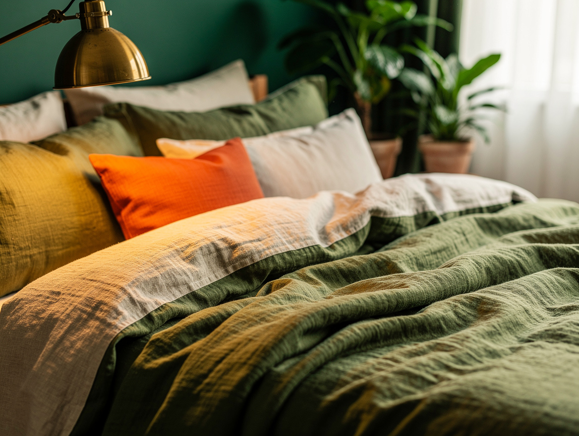 Close detail photograph of rumpled olive washed linen bedding with ecru pillowca
