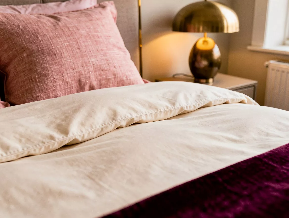Close detail photograph of two ivory cotton duvet edges gently overlapping on a