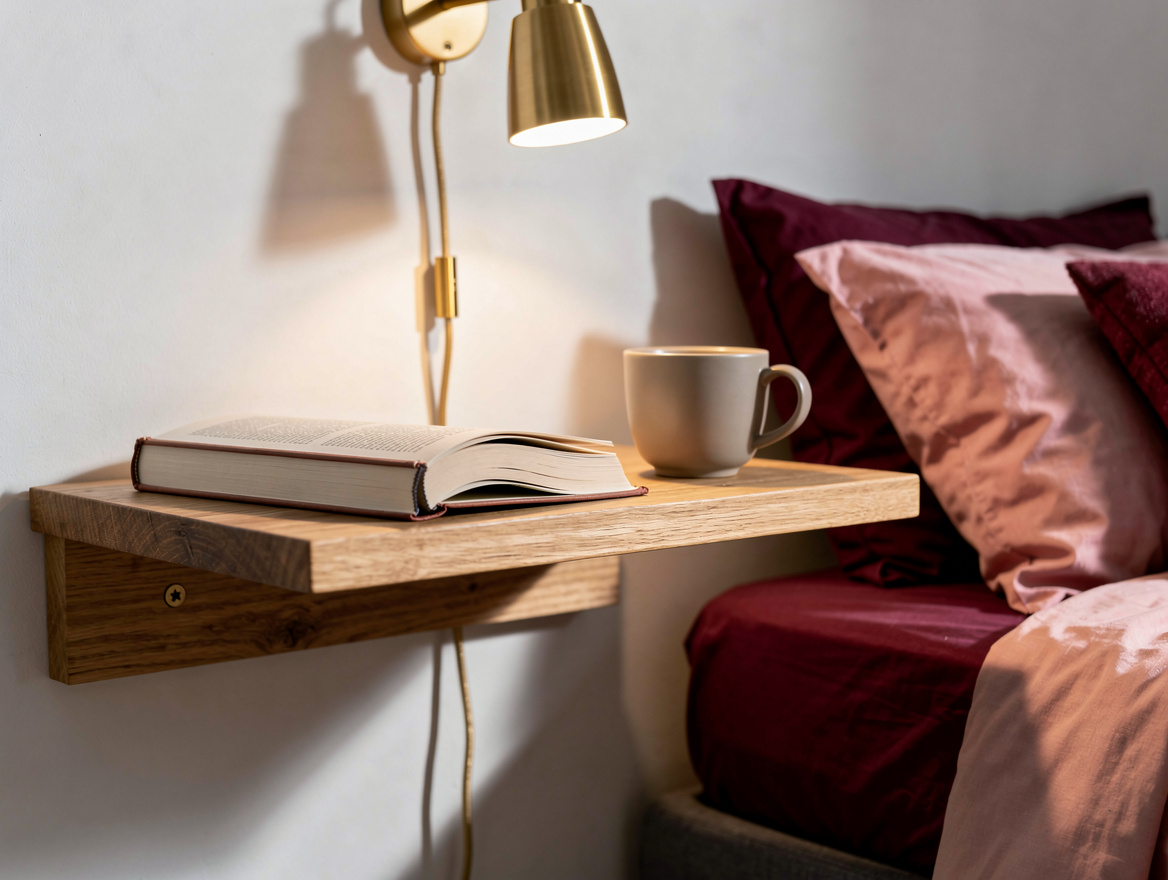 Close-up realistic editorial detail of a floating oak bedside shelf beside a ful