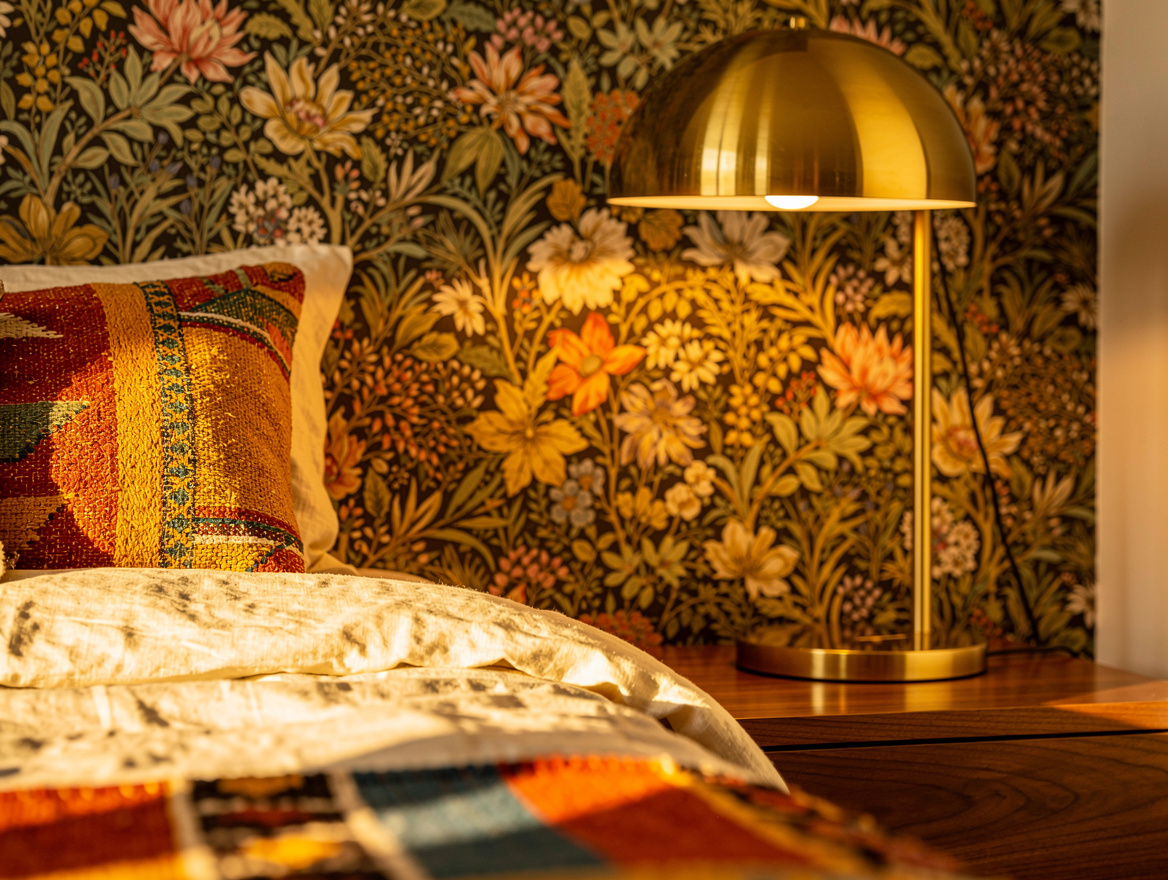 Close detail photo of botanical wallpaper beside a brass bedside lamp, walnut wo