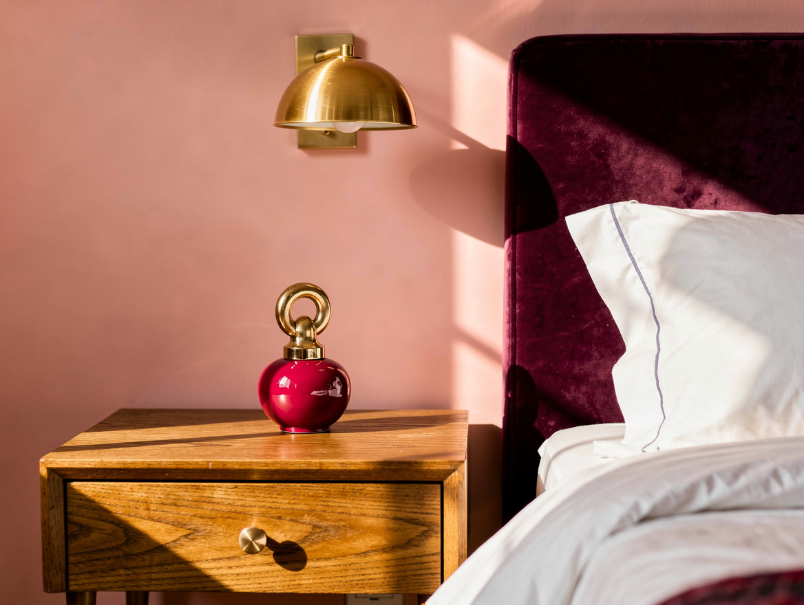 Close detail photograph of a king bed bedside zone, brushed brass wall sconce, o