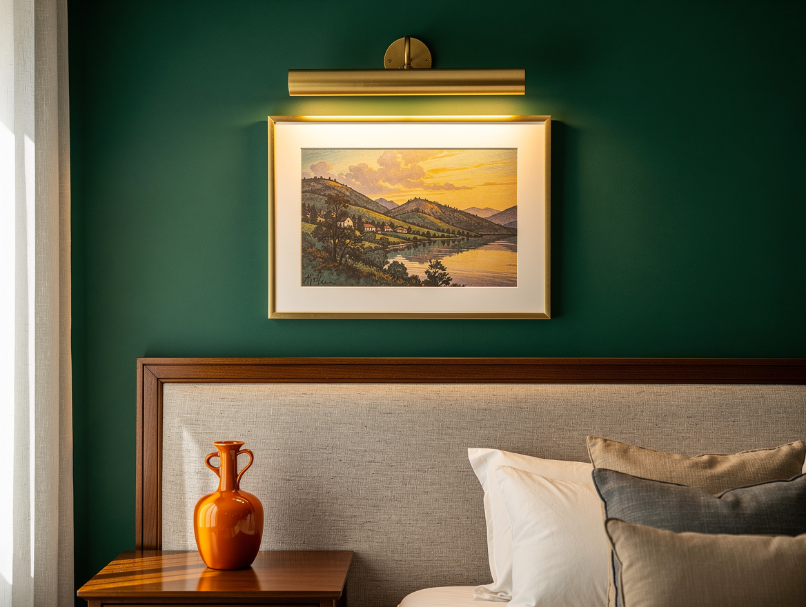 Close-up editorial home-decor photograph of a dimmable aged brass picture light