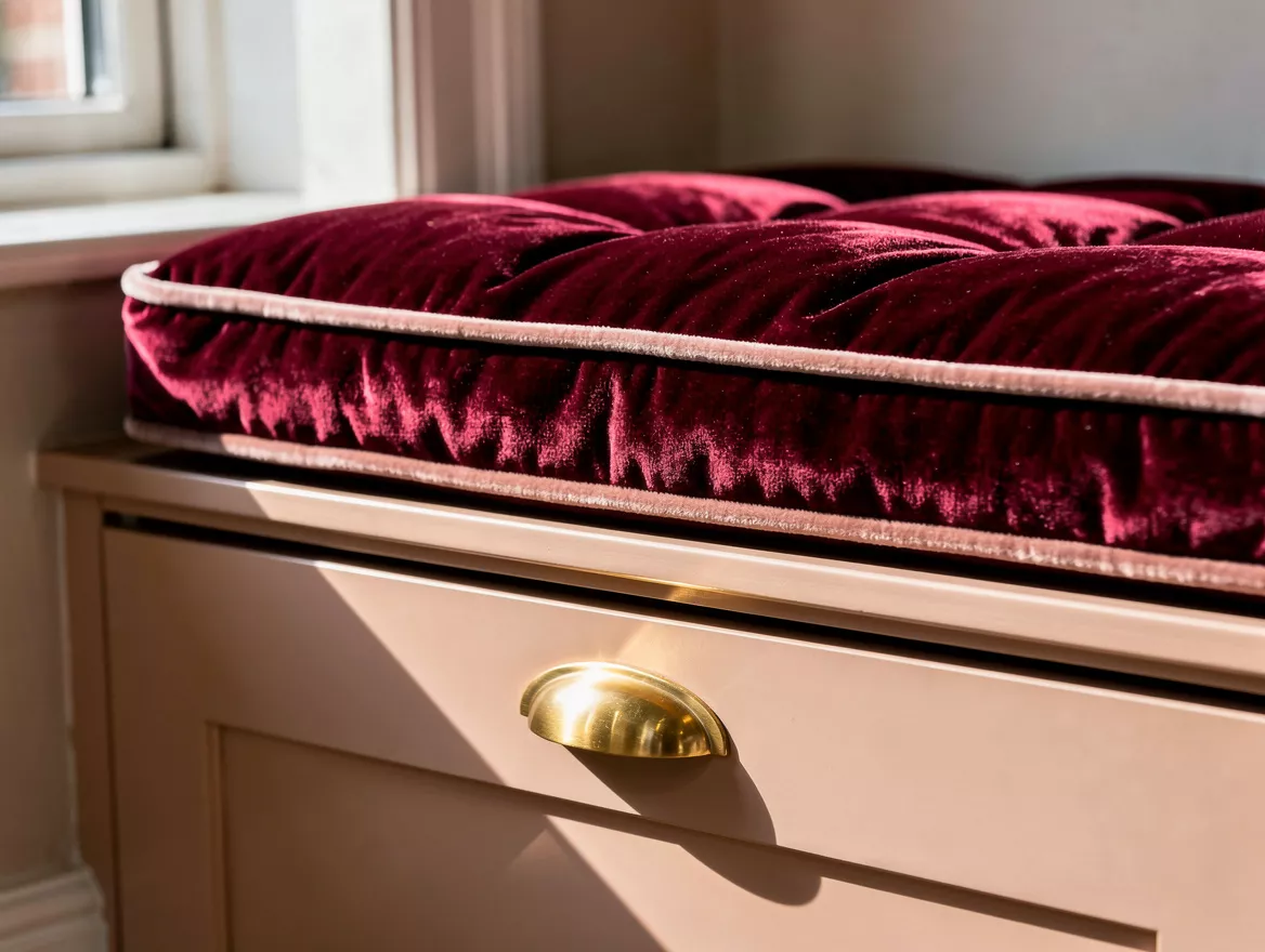 Close detail photo of a tailored upholstered window-seat cushion over painted bu