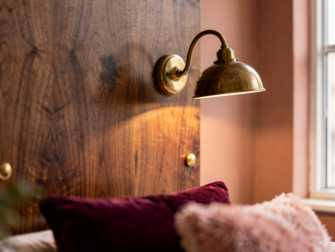 Close detail photograph of walnut veneer grain against muted peach painted wall,