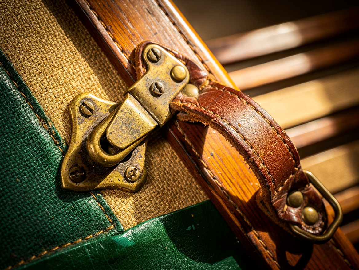 Editorial close detail of aged brass latch, leather handle, canvas texture, and