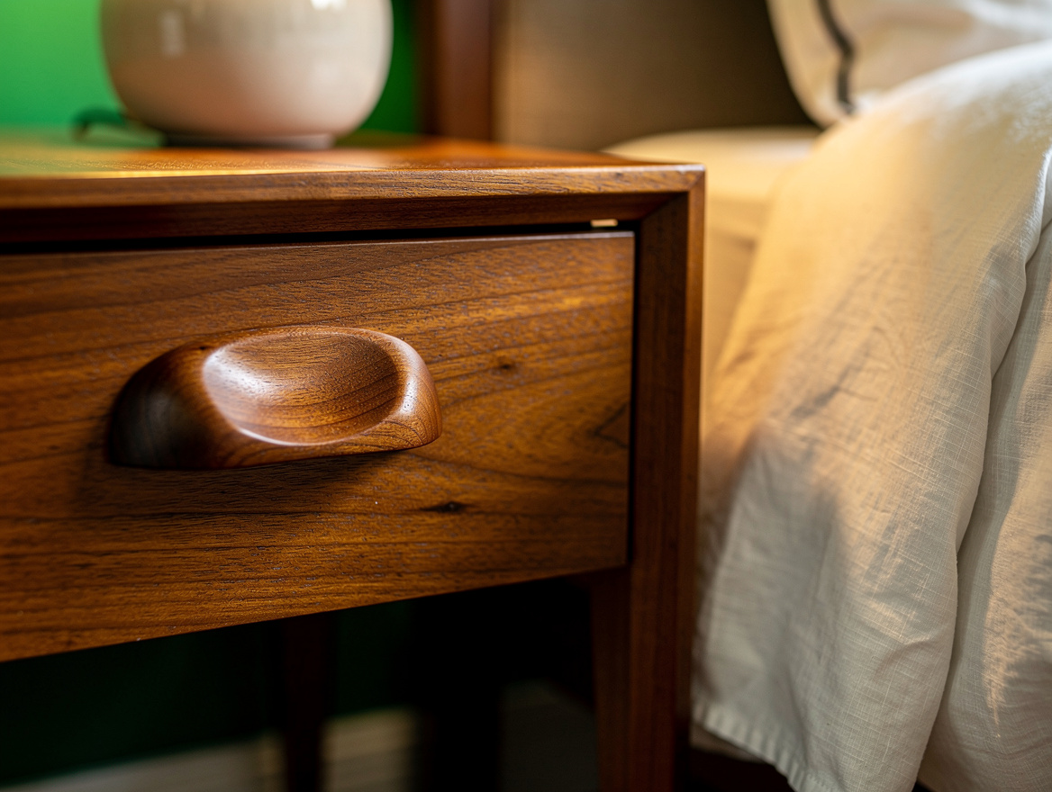 Close detail photo of teak drawer grain and sculptural wooden pull beside an ivo