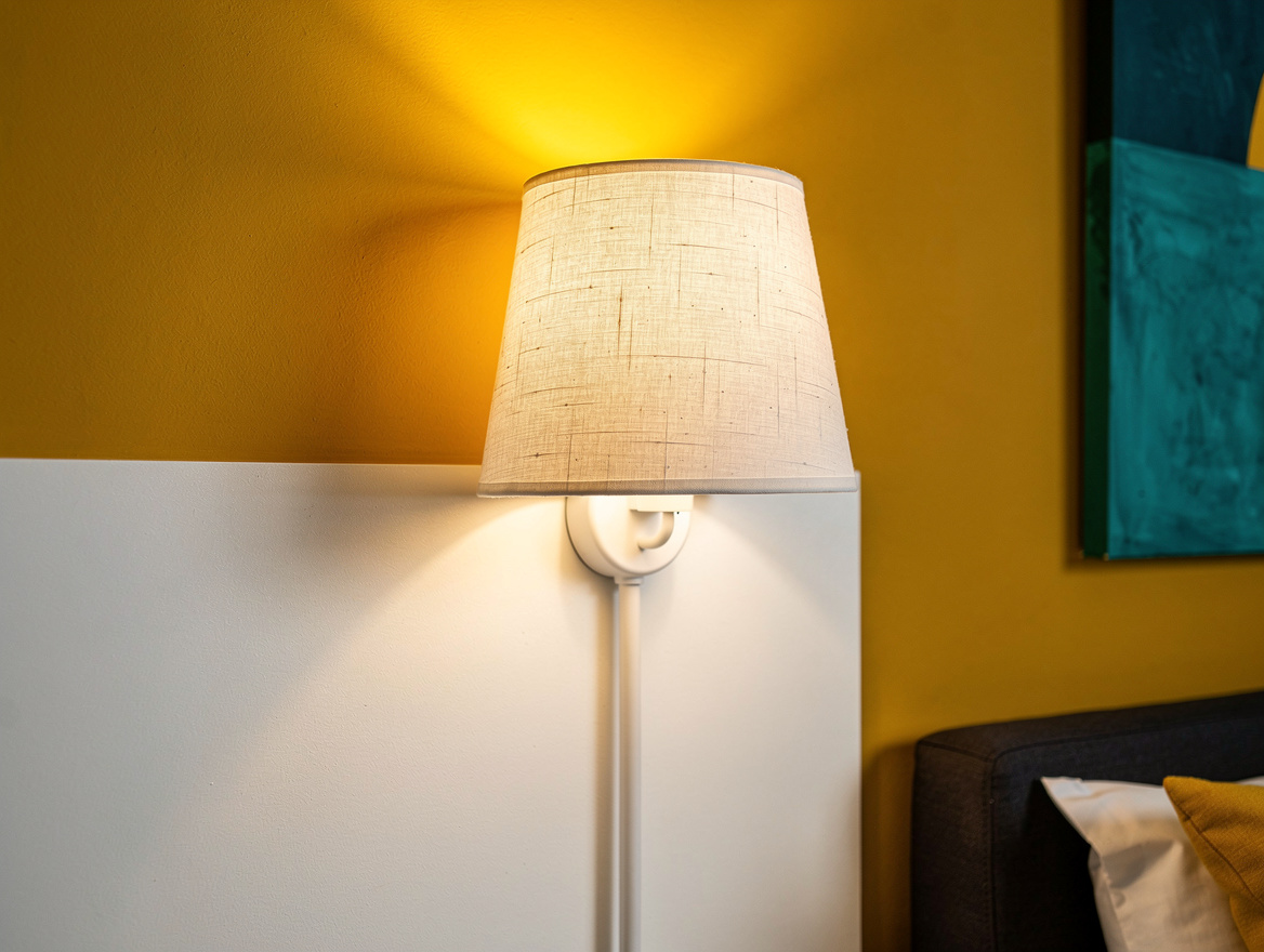 Close detail photograph of a plug-in bedside sconce with a warm linen shade, pai