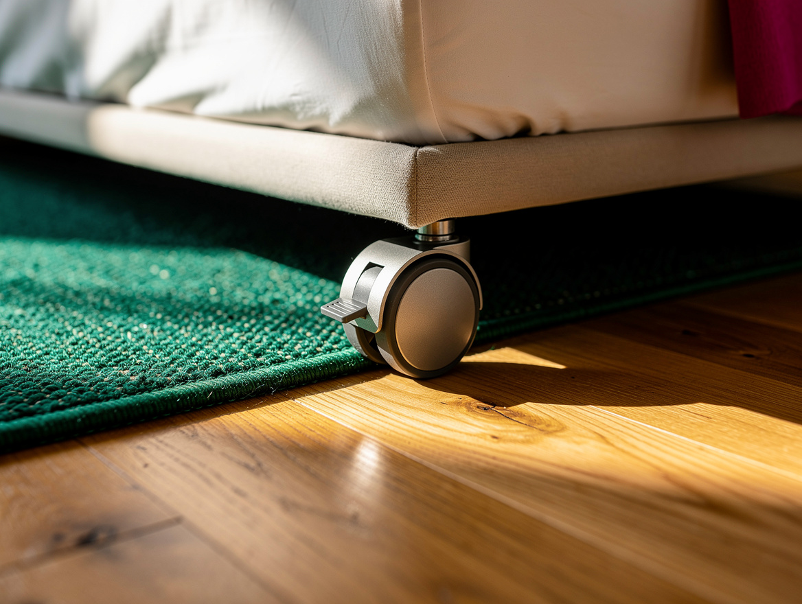 Editorial close detail of smooth trundle casters rolling beside a low-pile wool