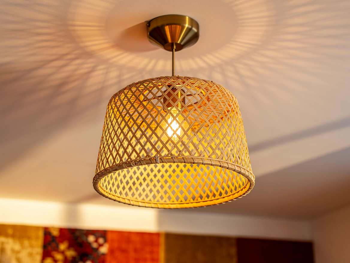 Close detail photograph of woven natural rattan pendant casting soft patterned s