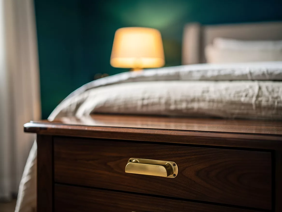 Close detail photo of unlacquered brass drawer pull on a dark walnut nightstand,