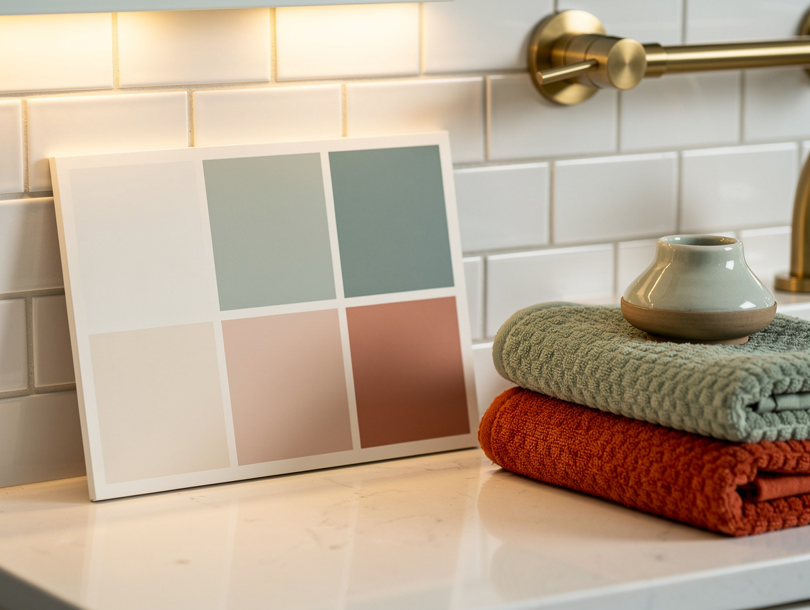 Close detail photograph of a bathroom paint sample board showing warm off-white,