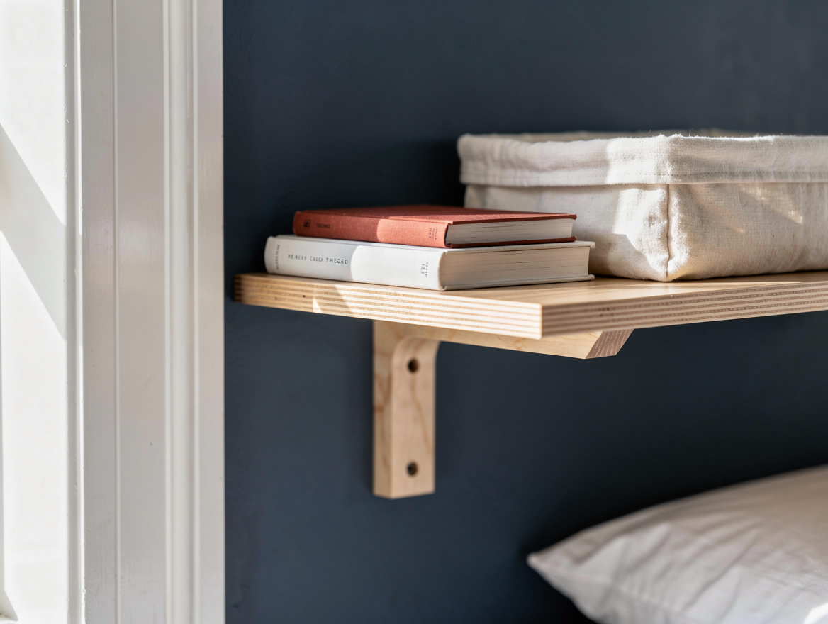 Close detail photo of a birch plywood floating shelf bracket securely mounted ab